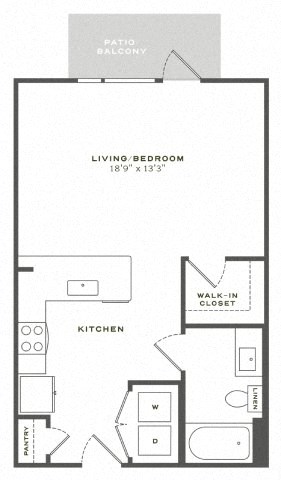 A floor plan of a home with a living/bedroom, kitchen, pantry, and walk-in closet.