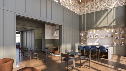 A modern dining area with a table set for six.
