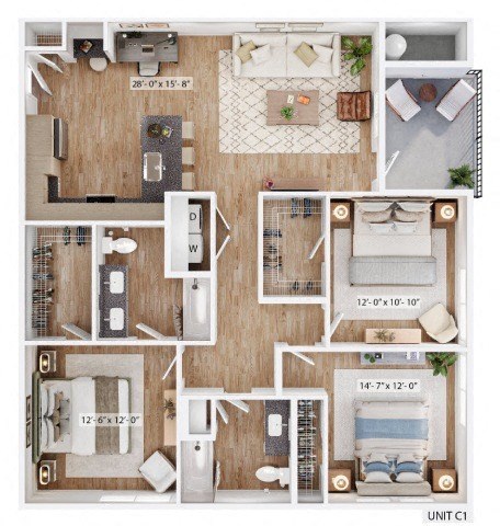 A floor plan of a unit with a living room, kitchen, and two bedrooms.