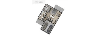 A first floor floor plan with two bedrooms, a living room, a kitchen, a bathroom, and a garage.