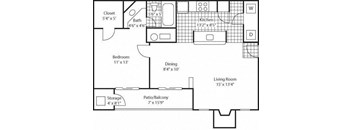 A floor plan of a small apartment with a living room, dining room, kitchen, bedroom, bathroom, and storage area.