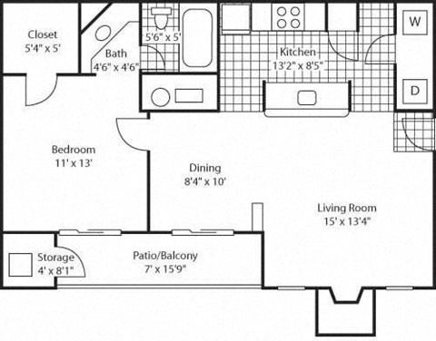 A floor plan of a small apartment with a living room, dining room, kitchen, bedroom, bathroom, and storage area.