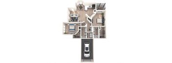 A diagram of a house layout with a kitchen, living room, and bedrooms.