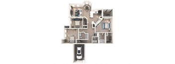 A detailed 3D floor plan of a modern apartment.