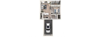 A car is parked in a garage under a floor plan of a house.