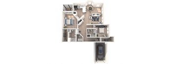 A top-down view of a house layout with a kitchen, living room, and bedrooms.