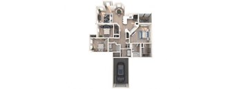 A floor plan of a house with a kitchen, living room, and bathrooms.