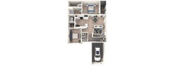 A top-down view of a small apartment with a kitchen, living room, bedroom, and bathroom.