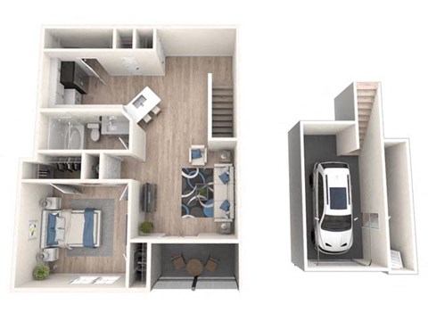 A cutaway diagram of a house showing the interior layout.