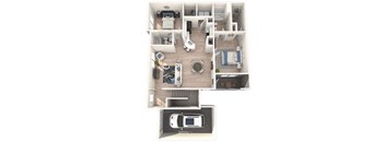 A top down view of a house with a car in the garage.