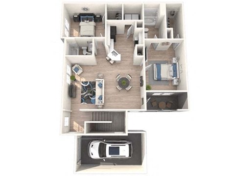 A top down view of a house with a car in the garage.