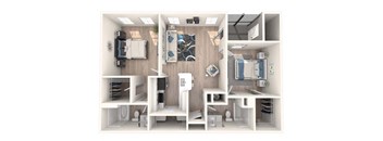 A 3D rendered image of a small, modern, white-walled apartment with a bed, a desk, a kitchenette, and a bathroom.