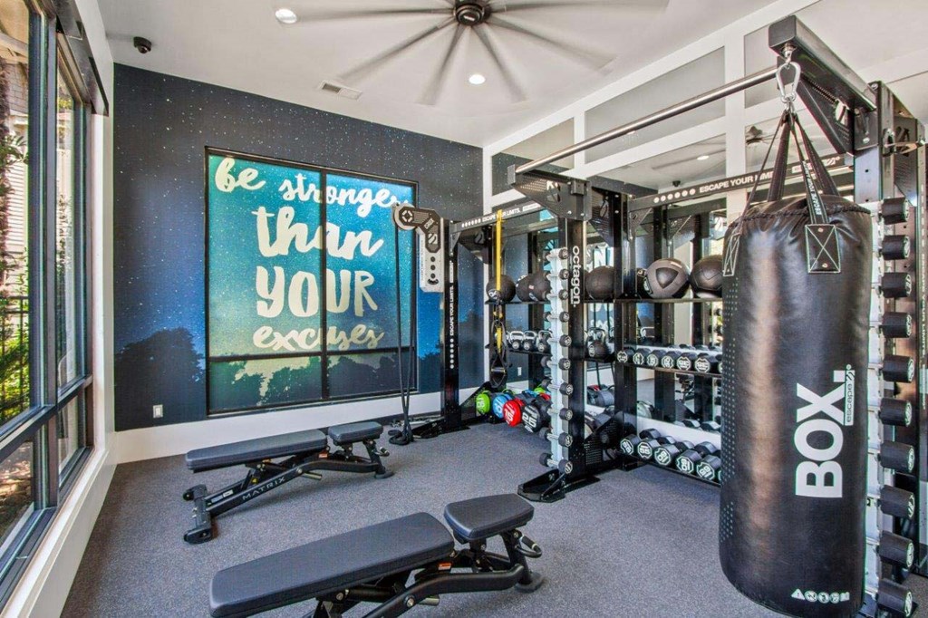 A gym with a punching bag and weights.