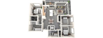 A 3D floor plan of a small apartment with a kitchen, living room, and bathroom.