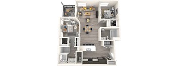 A 3D floor plan of a small apartment with a kitchen, living room, and bedroom.