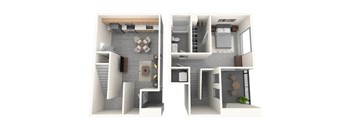A 3D floor plan of a house showing two rooms.