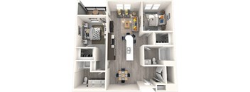 A 3D floor plan of a small apartment with a kitchen, living room, and bathroom.