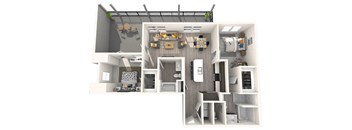 A 3D floor plan of a small apartment with a kitchen, living room, and bathroom.