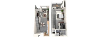 A top-down view of a small apartment with a living room and kitchen area.