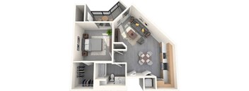 A 3D floor plan of a house showing a kitchen, living room, and bathroom.