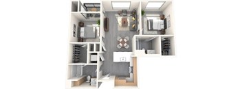 A top-down view of a small, modern apartment with a kitchen, living room, and bedroom.