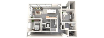 A 3D floor plan of a small apartment with a kitchen, living room, and bedroom.