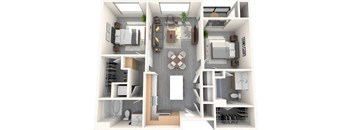 A 3D floor plan of a small apartment with a kitchen, living room, and bedrooms.