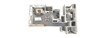 A 3D floor plan of a modern apartment with a kitchen, living room, and bathroom.