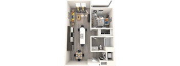A 3D floor plan of a small apartment with a kitchen, living room, and bathroom.