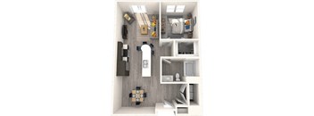 A 3D floor plan of a small apartment with a kitchen, living room, and bathroom.