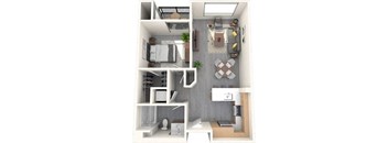 A top-down view of a small, modern apartment with a kitchen, living room, and bathroom.