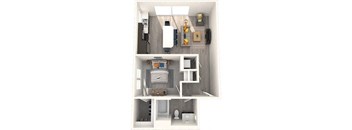 A top-down view of a small, modern apartment with a kitchen, living room, and bathroom.