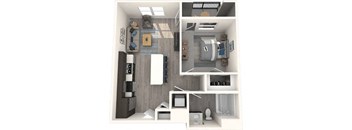 A 3D floor plan of a small apartment with a kitchen, living room, and bedroom.