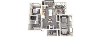 A 3D floor plan of a house with a kitchen, living room, and two bedrooms.