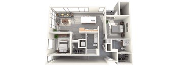 A 3D rendered image of a modern apartment layout.