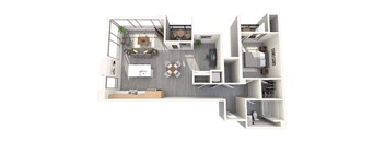 A 3D rendered image of a modern apartment layout.