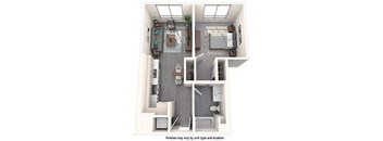 A 3D floor plan of a house with a kitchen, living room, and two bedrooms.