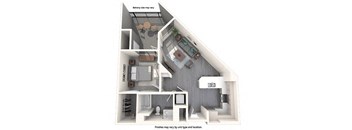 A diagram of a house layout with a kitchen, living room, and bathroom.