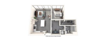 A 3D floor plan of a house with a kitchen, living room, and bathroom.