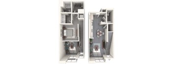 A 3D floor plan of a small apartment with a kitchen, living room, and bathroom.