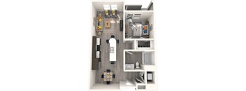 A 3D floor plan of a small apartment with a kitchen, living room, and bathroom.