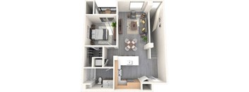 A 3D floor plan of a small apartment with a kitchen, living room, and bathroom.