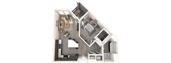 A 3D floor plan of a small apartment with a kitchen, living room, and bedroom.