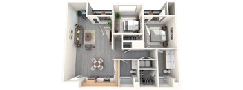 A 3D floor plan of a small apartment with a kitchen, living room, and bedroom.