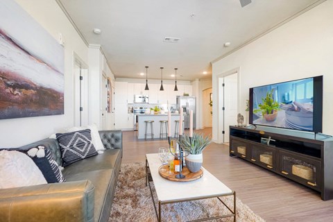 A modern living room with a large couch and a television.