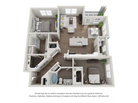 A 3D floor plan of a house with a kitchen, living room, and bathroom.