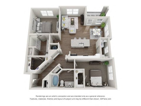 A 3D floor plan of a house with a kitchen, living room, and bathroom.
