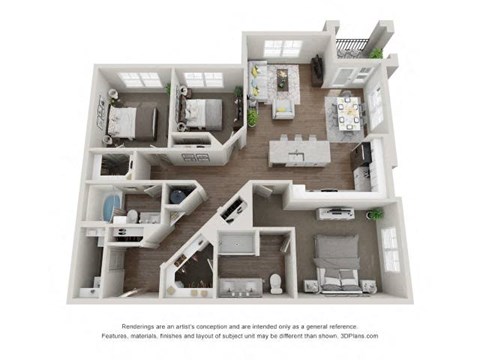 A 3D floor plan of a house with multiple rooms and furniture.