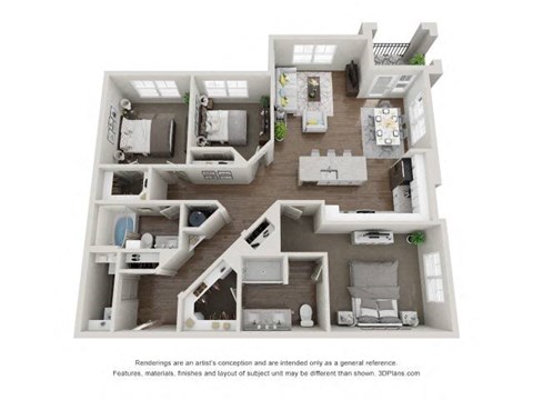 A 3D floor plan of a house with multiple rooms.