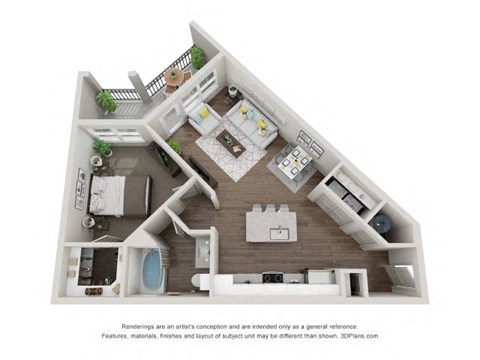 A 3D floor plan of a house with a kitchen, living room, and bathroom.